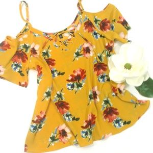 Gold Cold Shoulder V Neck Cross Tie Floral Top